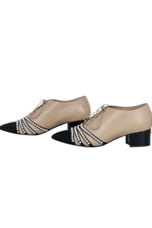 Chanel - Beige, Black, & Pearl Low Heel Loafers Sz 9