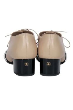 Chanel - Beige, Black, & Pearl Low Heel Loafers Sz 9