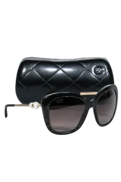 Chanel - Black Oversized Square Sunglasses w/ Faux Pearls