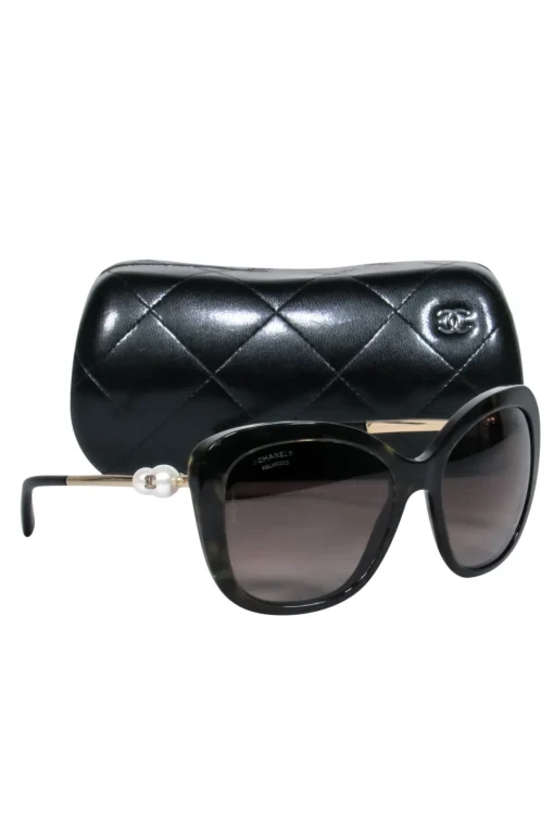 Chanel - Black Oversized Square Sunglasses w/ Faux Pearls