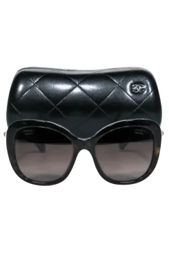 Chanel - Black Oversized Square Sunglasses w/ Faux Pearls