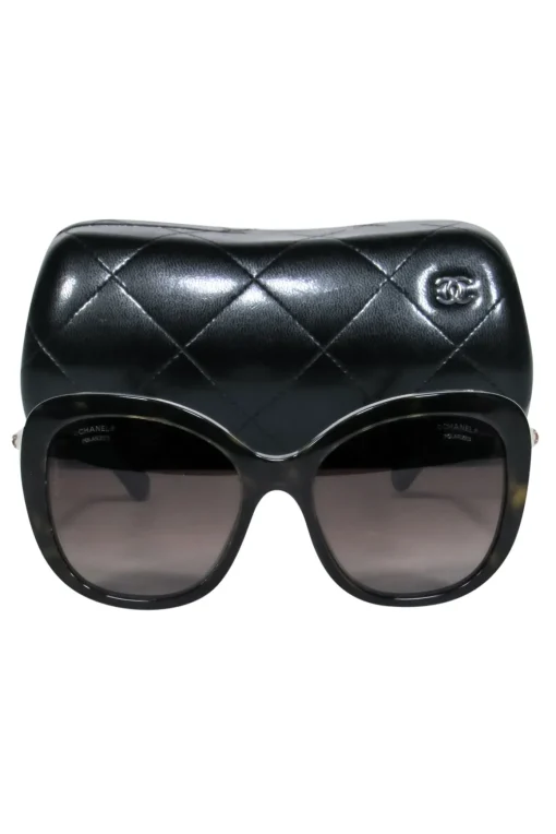 Chanel - Black Oversized Square Sunglasses w/ Faux Pearls