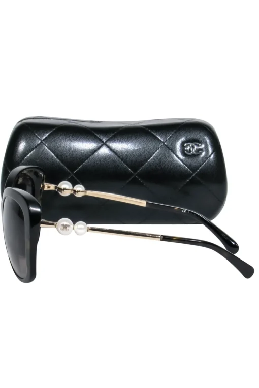 Chanel - Black Oversized Square Sunglasses w/ Faux Pearls
