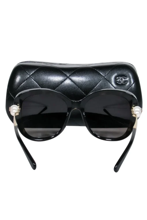 Chanel - Black Oversized Square Sunglasses w/ Faux Pearls