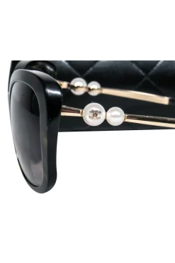 Chanel - Black Oversized Square Sunglasses w/ Faux Pearls