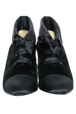 Chanel - Black Velvet Lace Up Booties Sz 7
