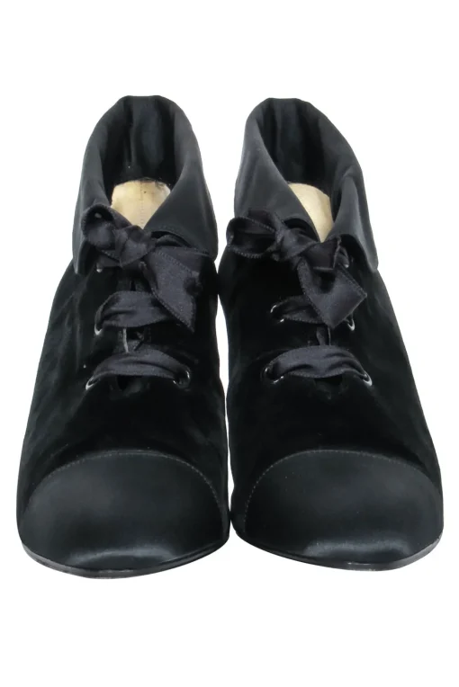Chanel - Black Velvet Lace Up Booties Sz 7