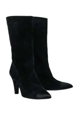 Chanel - Cap Toe Mid-Calf Black Suede Boots w/ Embroidery Sz 8