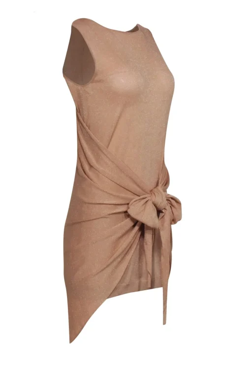 Chanel - Champagne Gold Glitter Sleeveless Dress w/ Attached Shawl Sz 2