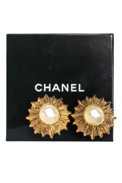 Chanel - Gold & Pearl Sun Design Clip-On Earrings