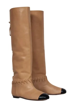 Chanel - Tan & Black Leather Lace-Up Knee High Boots Sz 7