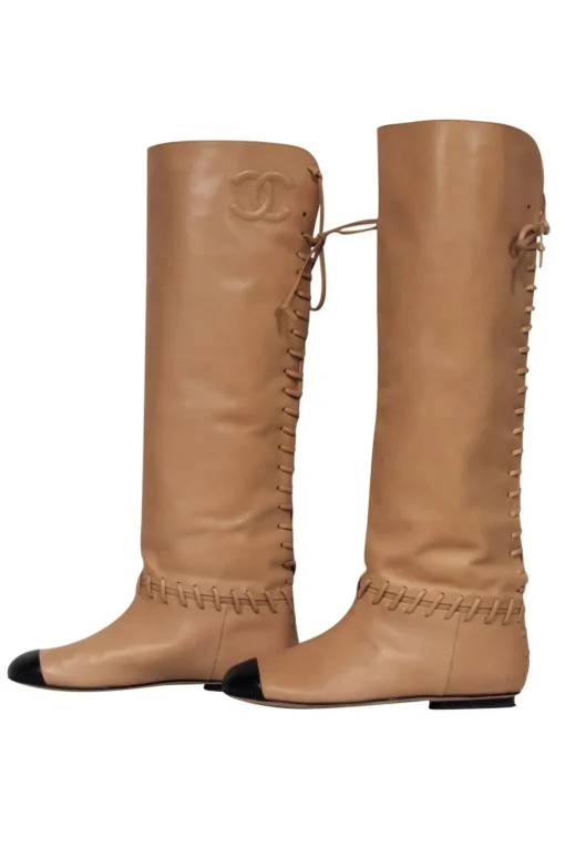 Chanel - Tan & Black Leather Lace-Up Knee High Boots Sz 7