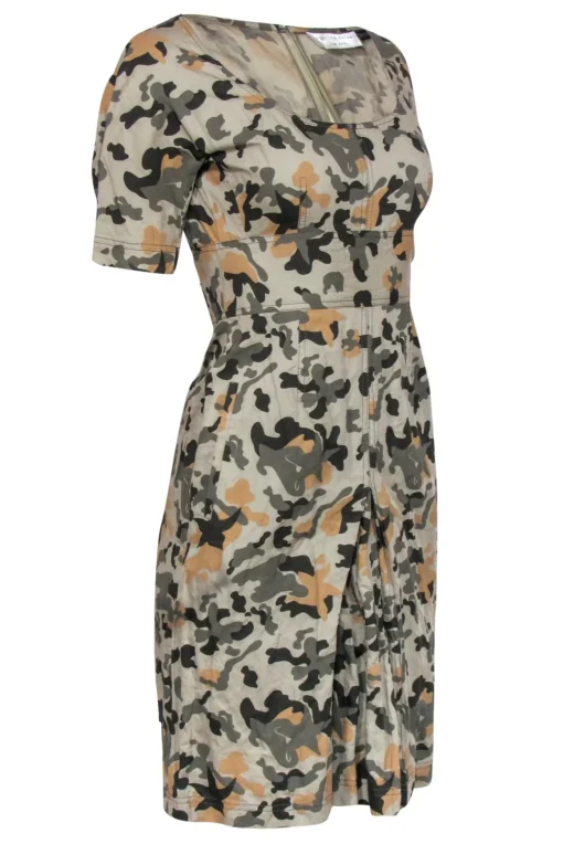 Charles Nolan - Olive, Brown & Tan Camouflage Print Sheath Dress Sz 2