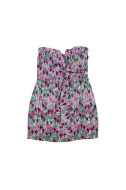 Charlie Jade - Pink Purple & Green Print Strapless Silk Dress Sz S