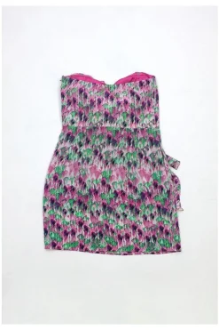 Charlie Jade - Pink Purple & Green Print Strapless Silk Dress Sz S