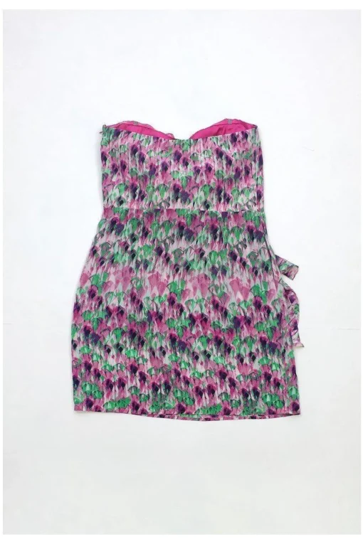 Charlie Jade - Pink Purple & Green Print Strapless Silk Dress Sz S