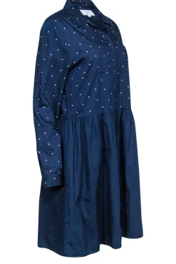 Chinti & Parker - Navy Star Print Long Sleeve Button-Up Cotton Shirtdress Sz L