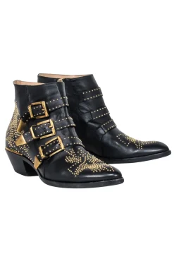 Chloe - Black Leather Gold Studded "Susanna" Booties Sz 11