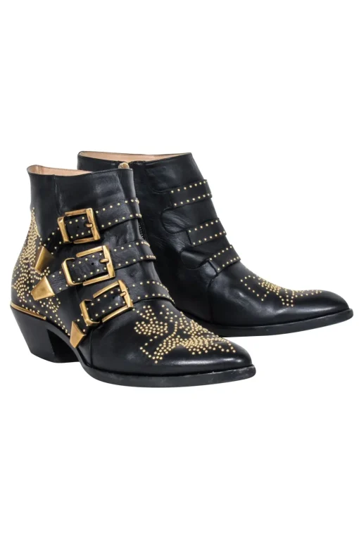 Chloe - Black Leather Gold Studded "Susanna" Booties Sz 11