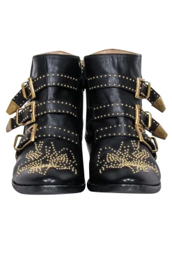 Chloe - Black Leather Gold Studded "Susanna" Booties Sz 11