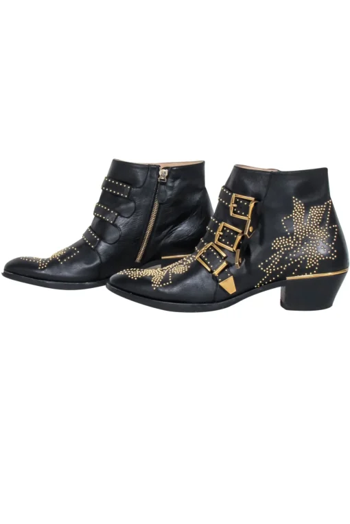 Chloe - Black Leather Gold Studded "Susanna" Booties Sz 11