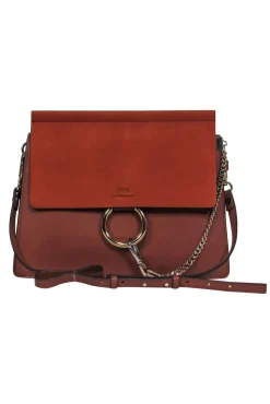 Chloe - Brown Leather & Suede Fold-Over "Faye" Shoulder Bag w/ Ring Hardware