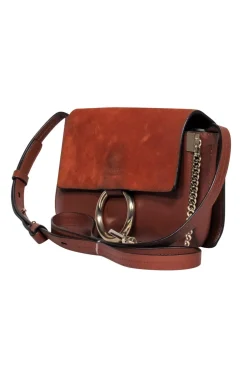 Chloe - Brown Leather & Suede “Faye” Crossbody w/ Chain Clasp