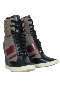 Chloe - Green, Maroon & Black Leather & Quilted Suede Wedge Sneaker Size 8.5