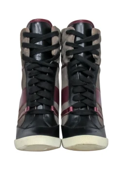 Chloe - Green, Maroon & Black Leather & Quilted Suede Wedge Sneaker Size 8.5