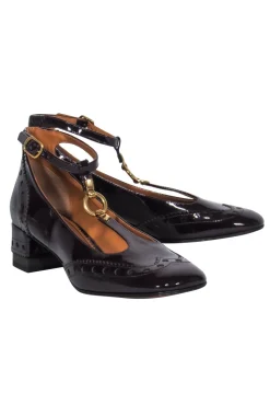 Chloe - Maroon Patent T-Strap Mary Jane Pumps w/ Loafer Embroidery Sz 8