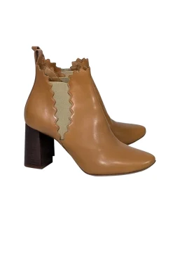 Chloe - Tan Leather Scalloped Trim Chelsea Short Boots Sz 8.5