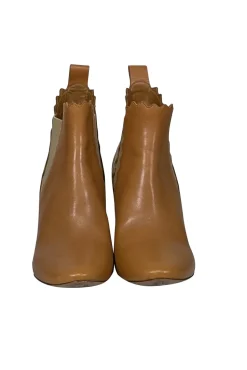 Chloe - Tan Leather Scalloped Trim Chelsea Short Boots Sz 8.5