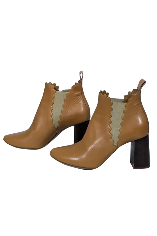 Chloe - Tan Leather Scalloped Trim Chelsea Short Boots Sz 8.5