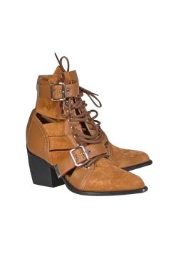 Chloe - Tan Suede & Leather Cut Out Short Boots Sz 6.5