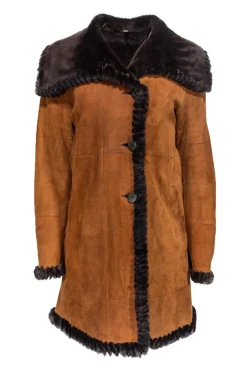 Christia - Brown Suede Long Coat w/ Fur Collar & Lining Sz S