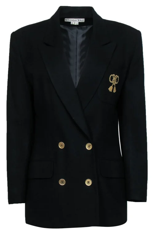 Christian Dior - Black Double Breasted Wool Blazer w/ Rope Bow Embroidery Sz 8
