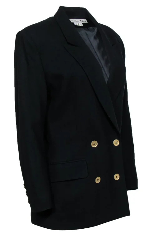 Christian Dior - Black Double Breasted Wool Blazer w/ Rope Bow Embroidery Sz 8