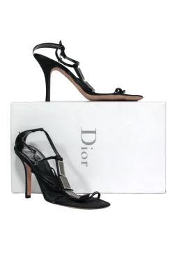 Christian Dior - Black Leather "Galuchat" Sandal w/ Metal Design Sz 10
