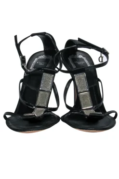Christian Dior - Black Leather "Galuchat" Sandal w/ Metal Design Sz 10