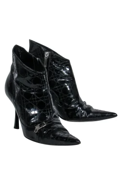 Christian Dior - Black Patent Leather Pointed Toe Kitten Heel Booties Sz 6.5
