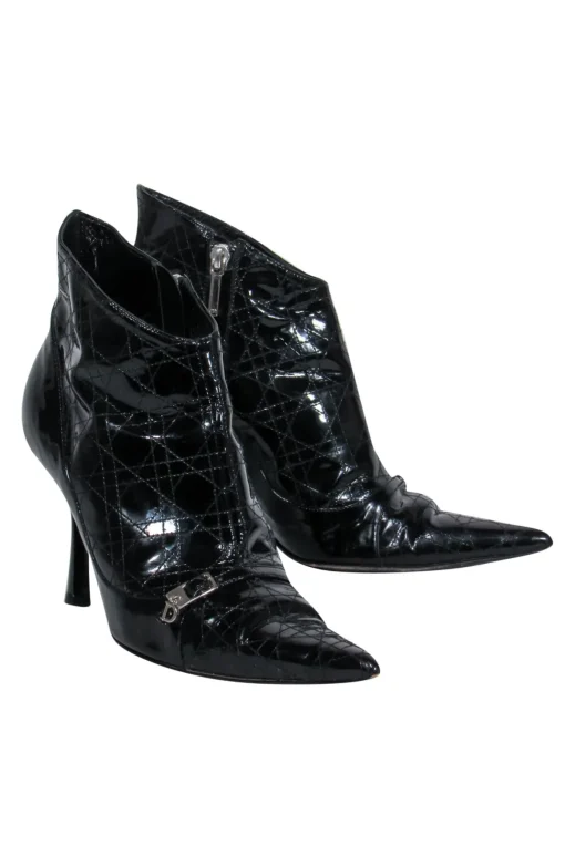 Christian Dior - Black Patent Leather Pointed Toe Kitten Heel Booties Sz 6.5