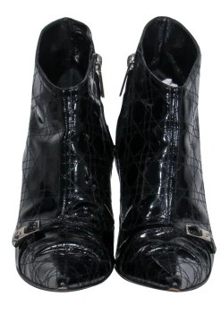 Christian Dior - Black Patent Leather Pointed Toe Kitten Heel Booties Sz 6.5