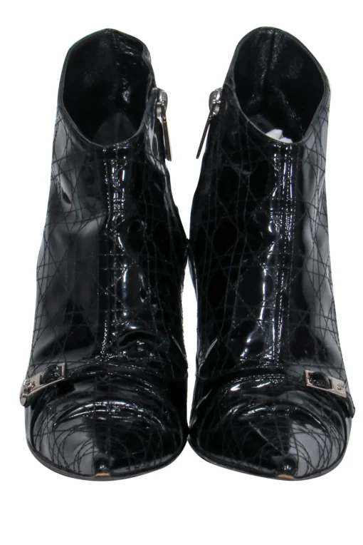 Christian Dior - Black Patent Leather Pointed Toe Kitten Heel Booties Sz 6.5
