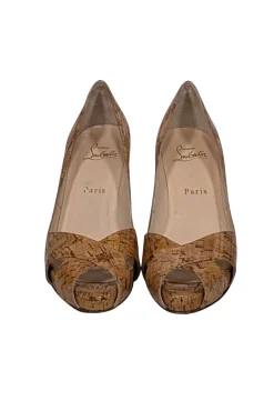 Christian Louboutin - Beige Patent Cork Peep Toe Pumps Sz 7