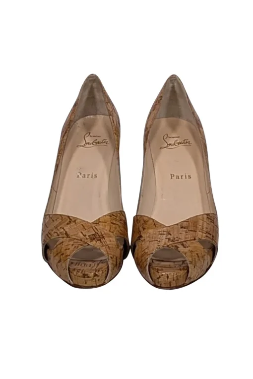 Christian Louboutin - Beige Patent Cork Peep Toe Pumps Sz 7