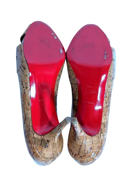 Christian Louboutin - Beige Patent Cork Peep Toe Pumps Sz 7