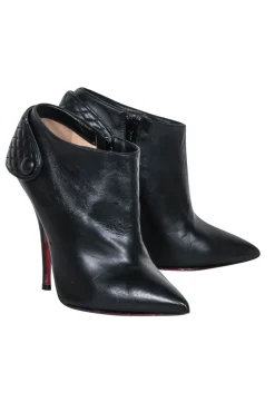 Christian Louboutin - Black Leather Pointed Toe Heeled Short Boots Sz 7