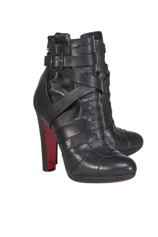 Christian Louboutin - Black Leather Wrap Around Ankle Short Boot Heels
