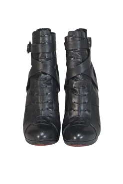 Christian Louboutin - Black Leather Wrap Around Ankle Short Boot Heels