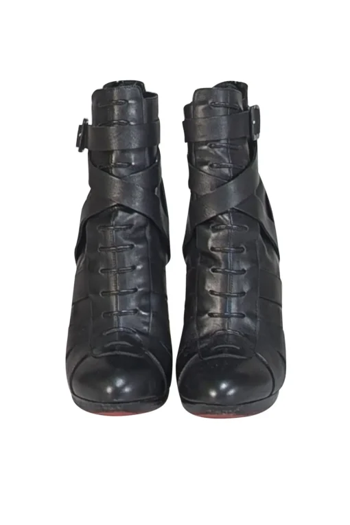 Christian Louboutin - Black Leather Wrap Around Ankle Short Boot Heels